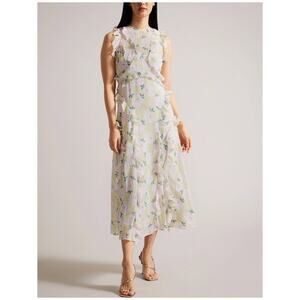 Ted Baker Calinia Sleeveless Waterfall Midi Dress Floral Lilac Sz 2 NWT Vacation